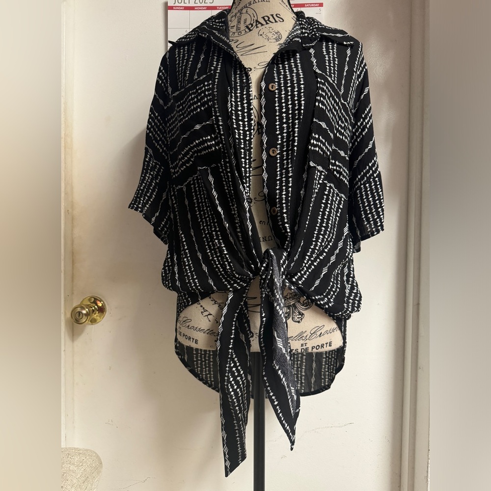 Black and White Patterned Button-Up Blouse